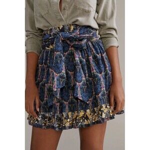 ANTHROPOLOGIE Let Me Be Belted A-Line Mini Skirt Multi Color Size L